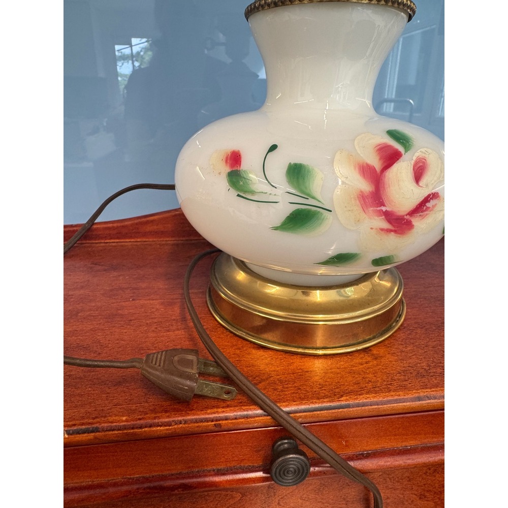 Vintage Hurricane Lamp Milk Glass Hand Painted Floral Rose Brass Electric Table - Picture 3 of 4